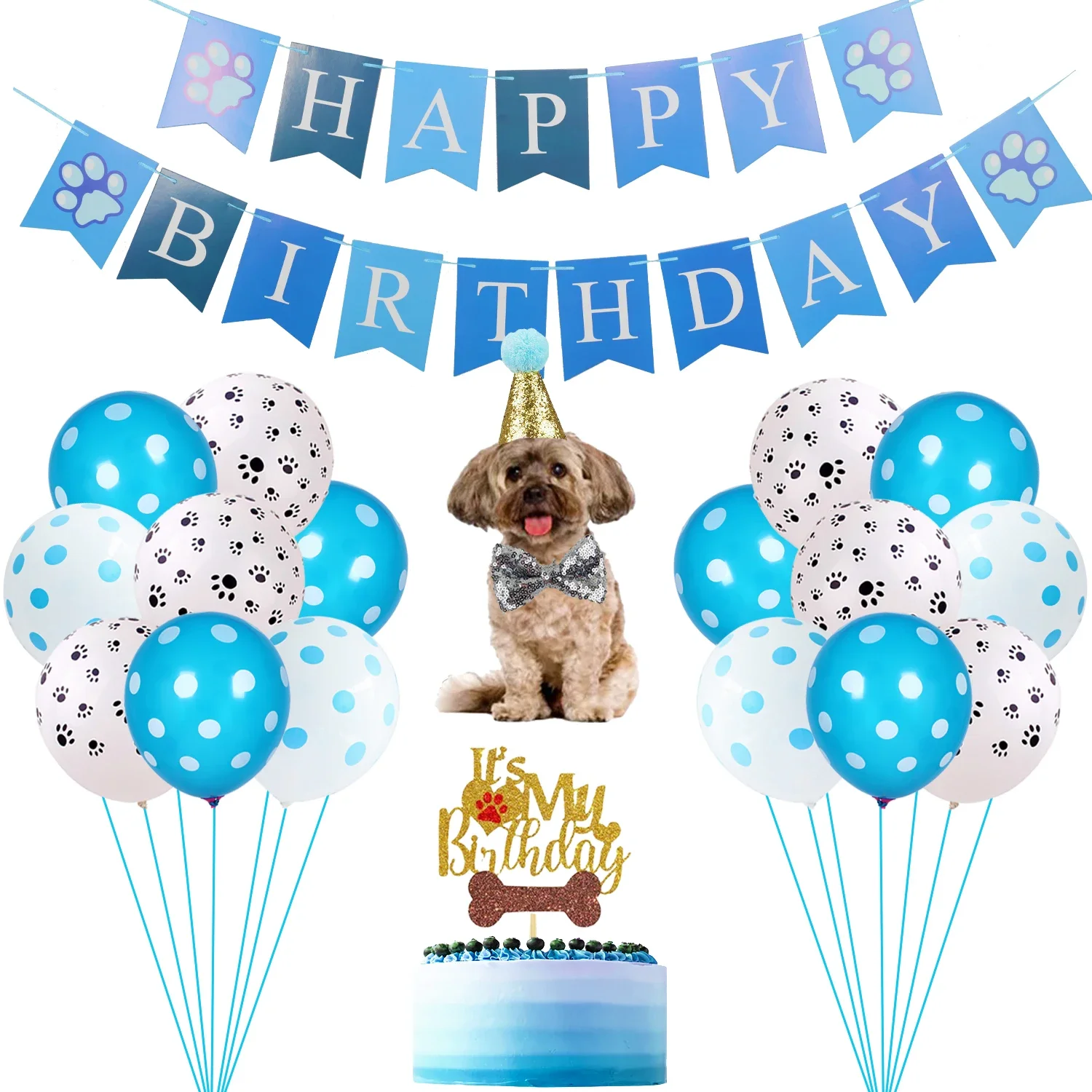 Puppy Theme Birthday Decoration Set Dog Bone Paw Print Balloons Happy Birthday Banner Cake Topper for Pet Dog Birthday Party