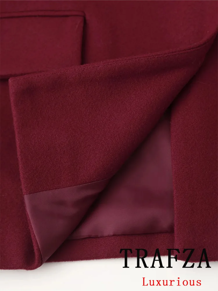 TRAFZA Casual Vintage Chic Women Overcoat Red Solid V-Neck Pockets Single Breasted Scarf Coat Fashion 2024 Autumn Winter Coat