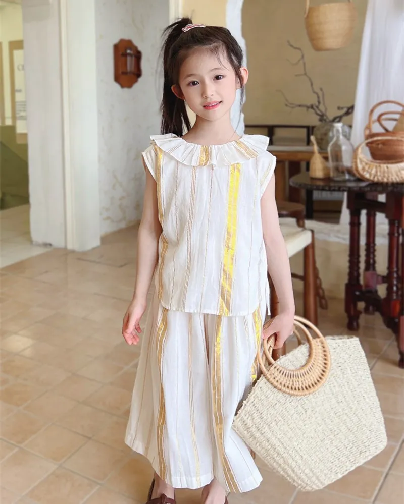 

summer kids 2pcs clothes baby girls set Vertical striped vest top+loose pants