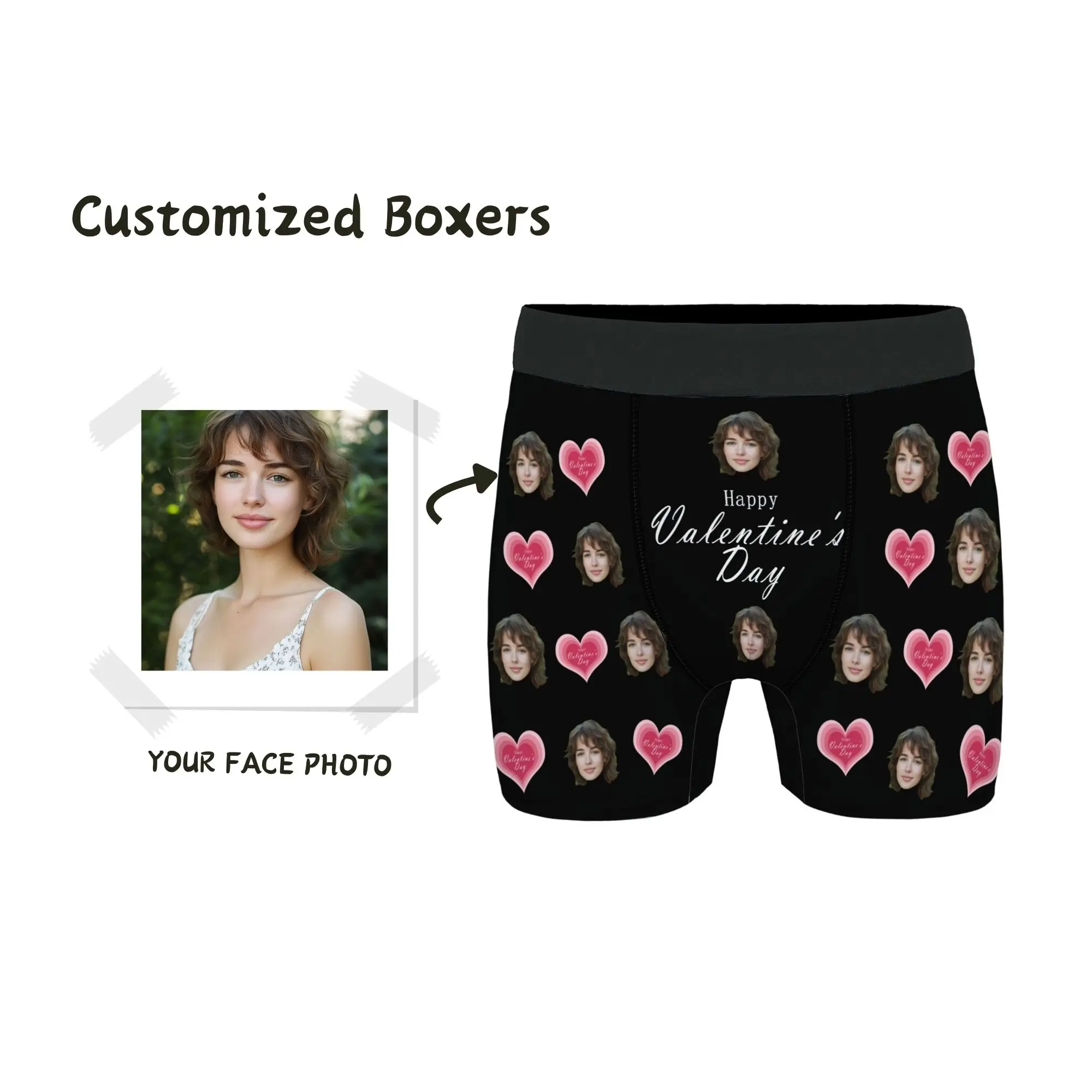 

Personalized Anniversary Gift for Husband Custom Face Men's Boxer Briefs Black Pink Valentine Day Heart Romantic Unique Present
