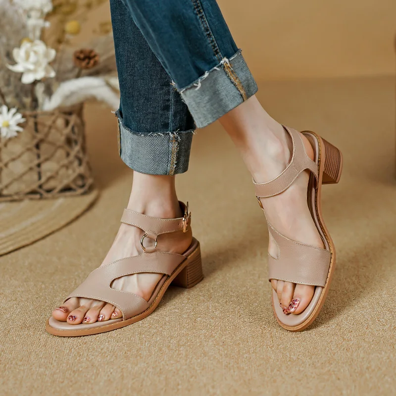 New Heels Women Genuine Leather Summer Shoes for Women 2023 Classics Ladies Buckle Dress Shoes Thick Med Heels Platform Sandals