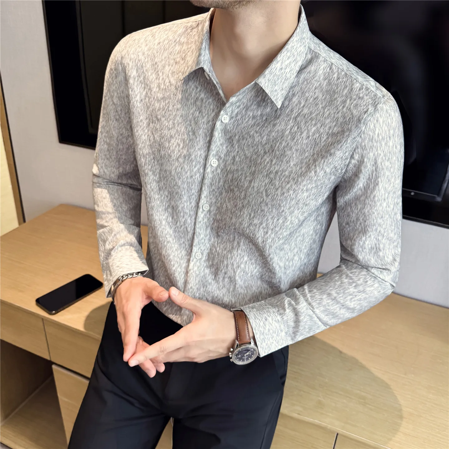 Autumn Winter Pleated Striped Shirt for Men Breathable Slim Long Sleeved Shirts Business Casual Dress Shirt Men Clothing 2025