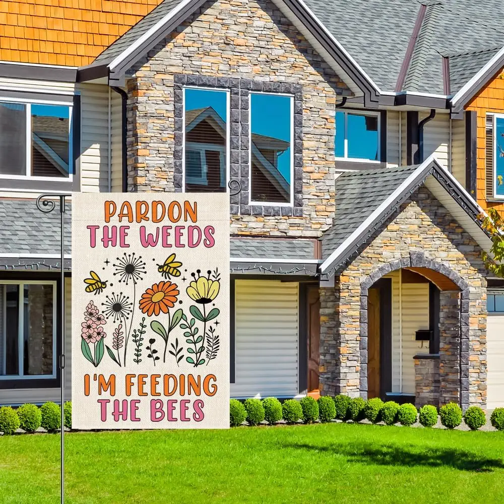 Perfectinsoy Pardon the Weeds I’m Feeding the Bees Garden Flag, No Mow Sign, Bee Keeper Yard Decor, Pollinator Garden Sign,  ZZM