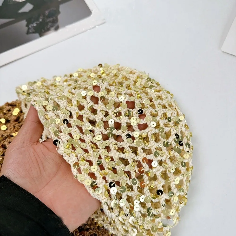 Versatile Casual Hollow Knit Hollowed Out Beanie Hat Sequined Breathable Bohemian Style Beanies Fringed Y2K Weave Cap Vacation