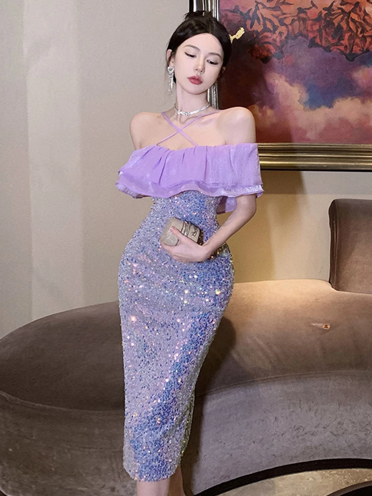 Summer Fashion Women Evening Dress Chic Purple Sparkly Sequin Sexy Off-Shoulder Slim Midi Party Club Prom Beach Mujer Vestidos