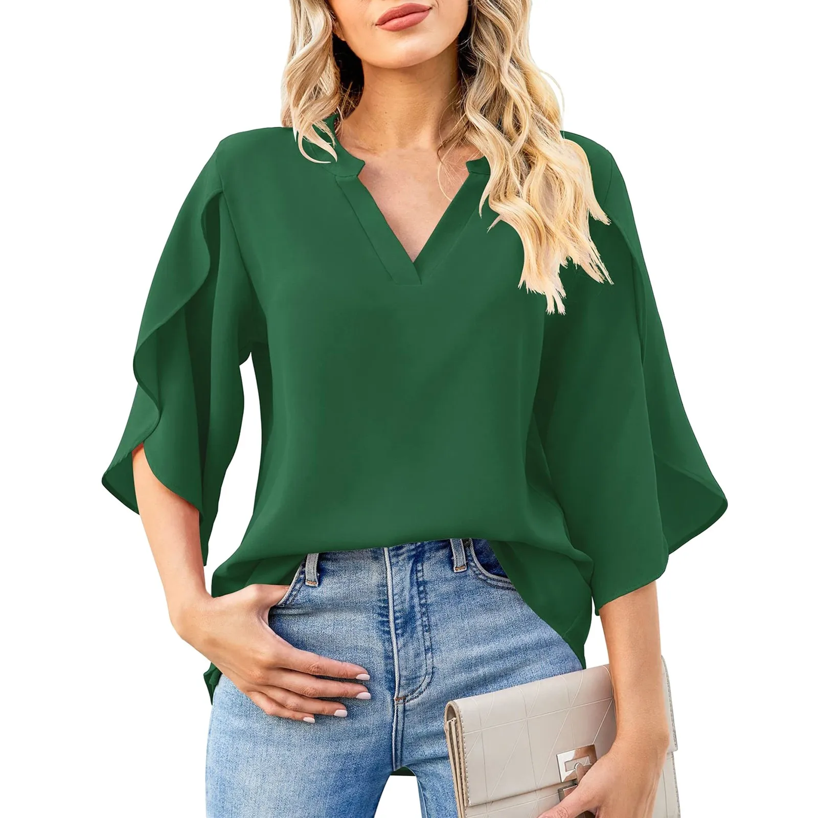 Elegante feminina pétala blusa de manga curta, camisa feminina de verão, camisa de chiffon de escritório, tops sólidos, verão 2024