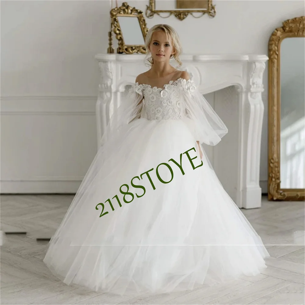 

Lovely White Lace Appliques Puffy Sleeves Flower Girl Dresses For Wedding 2023 Princess Tulle Ball Gown First Communion Gowns