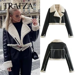 TRAFZA Women Winter Thick Lambswool Coat Solid Black Warm Zipper Long Sleeve Crop Leather Jacket Female Vintage Outerwear Street