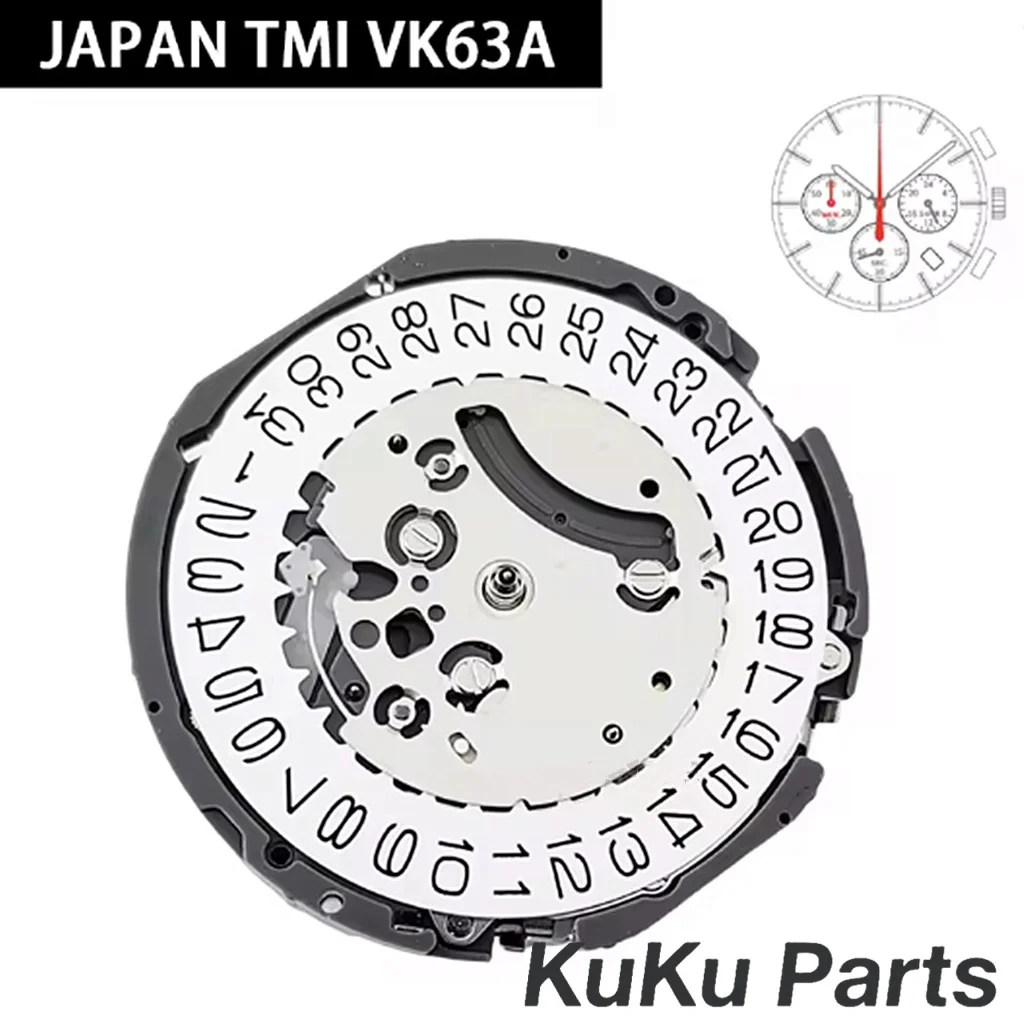 Mouvement de montre japonais d'origine TMI VK63 haute précision pour Daytona Quartz, pièces de rechange et accessoires pour chronographe premium.