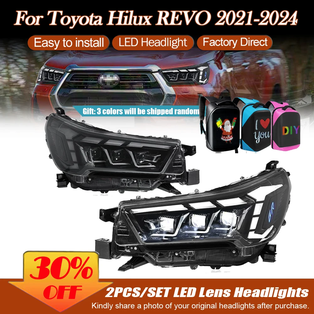 

Автомобильные фары для Toyota Hilux REVO 2021-2024: Светодиодные фары, ДХО, указатели поворота, би-линзовые проекторы, ближний свет, Plug & Play
