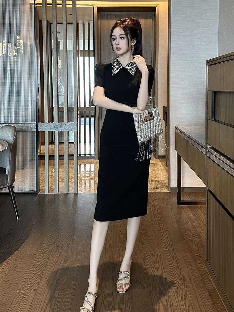 Vestido A-Leibniz para mujer, vestido ajustado con cuello doblado negro, vestido Formal de noche para fiesta, vestido de banquete de boda 65348