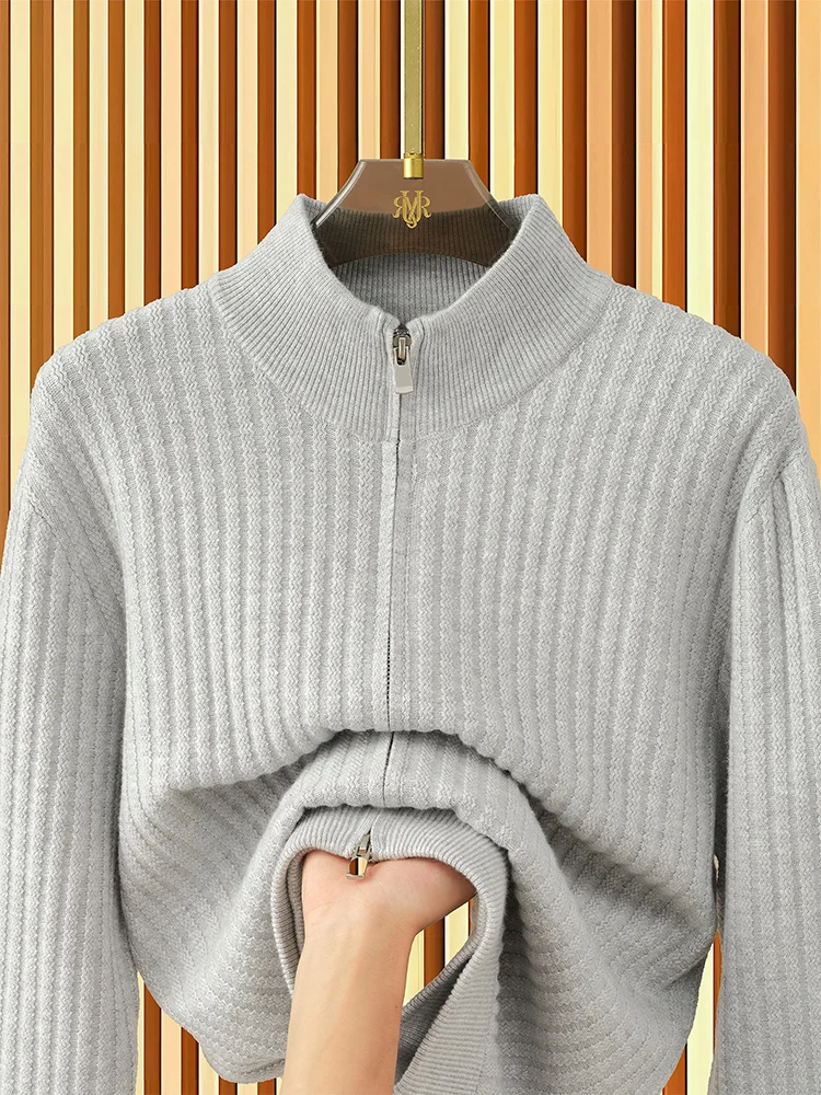 

Мужской свитер-кардиган из шерстяной смеси в стиле бизнес-кэжуал с воротником-стойкой, на молнии, с вертикальными полосками, осенне-зимняя новинка