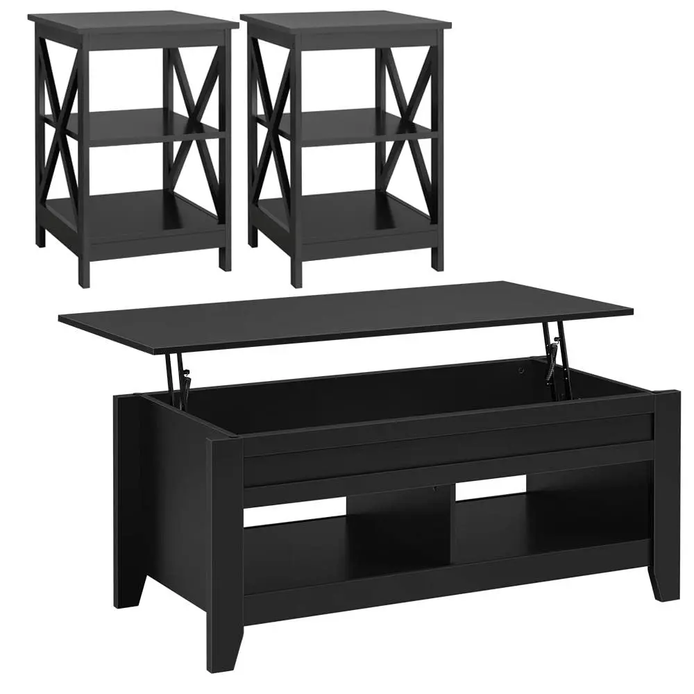 

Комплект кофейных столиков с подъемной столешницей 47,5 дюймов и 2 приставными столиками, полка для хранения, для гостиной, черный, на заказ