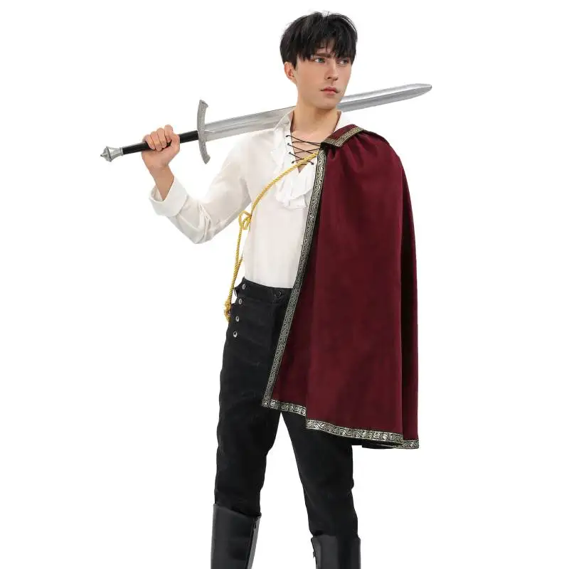 Capa Medieval Para Hombre De Medio Hombro | Brocado Con Ribete Dorado, Ideal Para Cosplay, Teatro Y Halloween