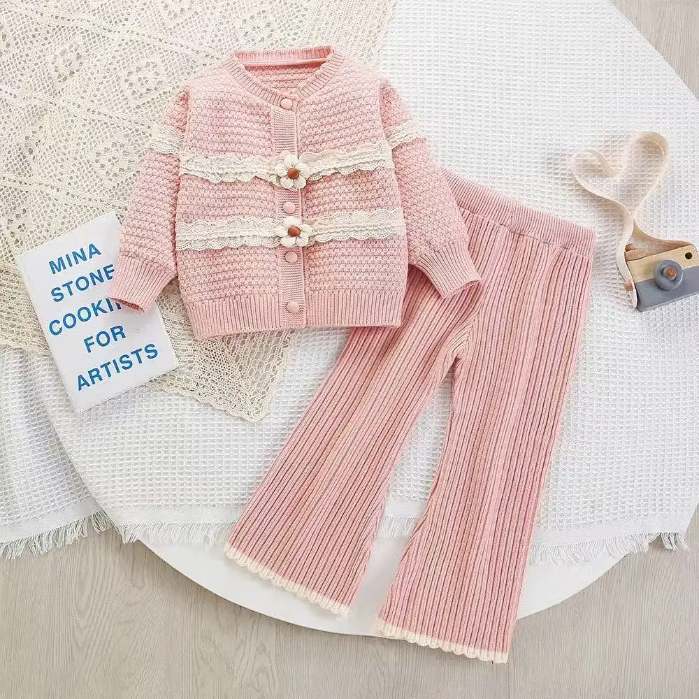 

Girls' Sweater Set Children's Autumn and Winter New Collection Sweet And Cute Little Girl Knitted Cardigan Top+pants 2-piece Set