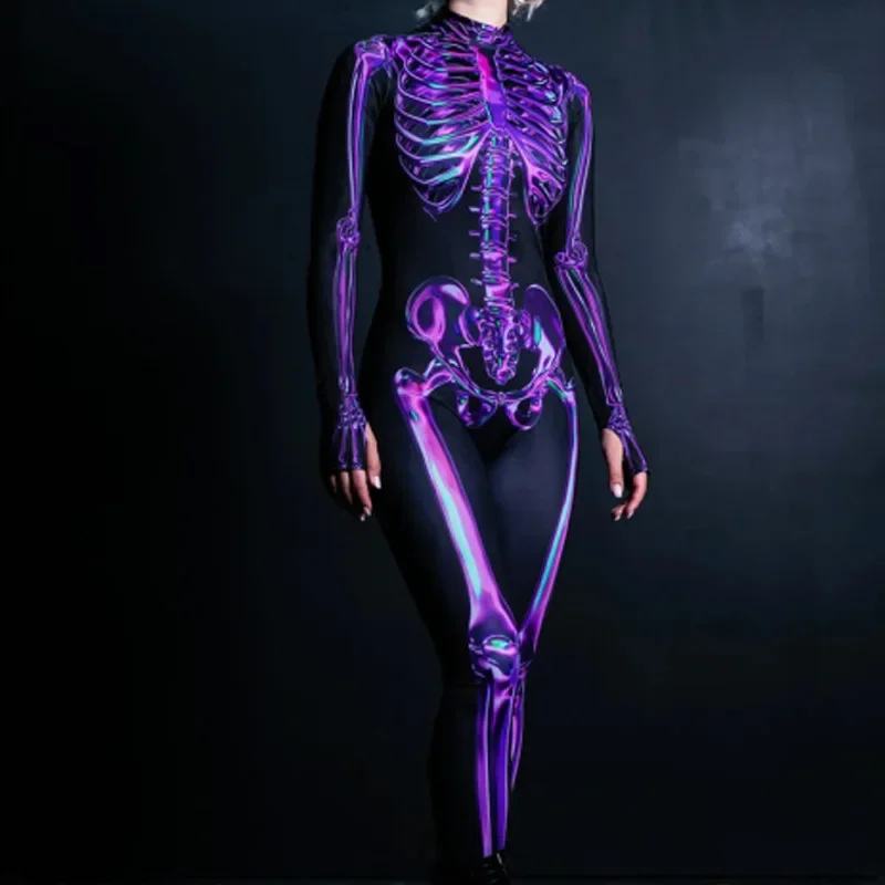 Halloween Scary Skeleton Costume Adult Kids Family Horror Skull Jumpsuit Carnival Party Women Sexy Devil Scary Ghost Bodysuit