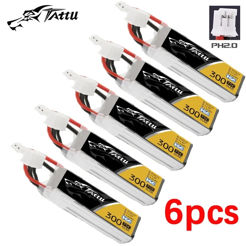 

6Pcs TATTU 300mAh 75C 11.4V LiPo Battery For RC Helicopter Quadcopter FPV Racing Drone Parts 3S Rechargeable Battery