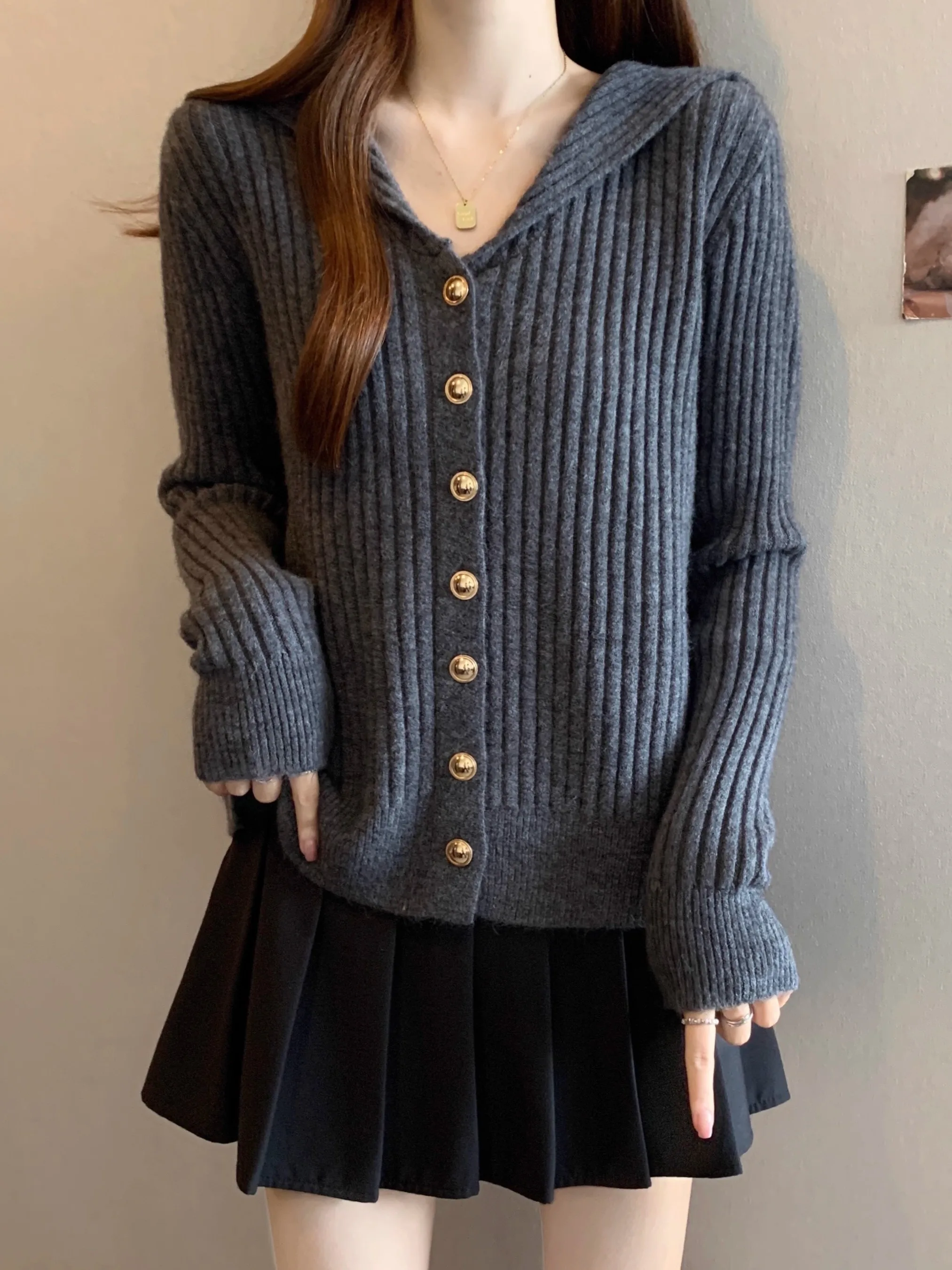 

Ele ey Knitted Long Sve Navy Collar Women's Sweater plus Size Versatile Commute Sle Autumn Winter Faion Top