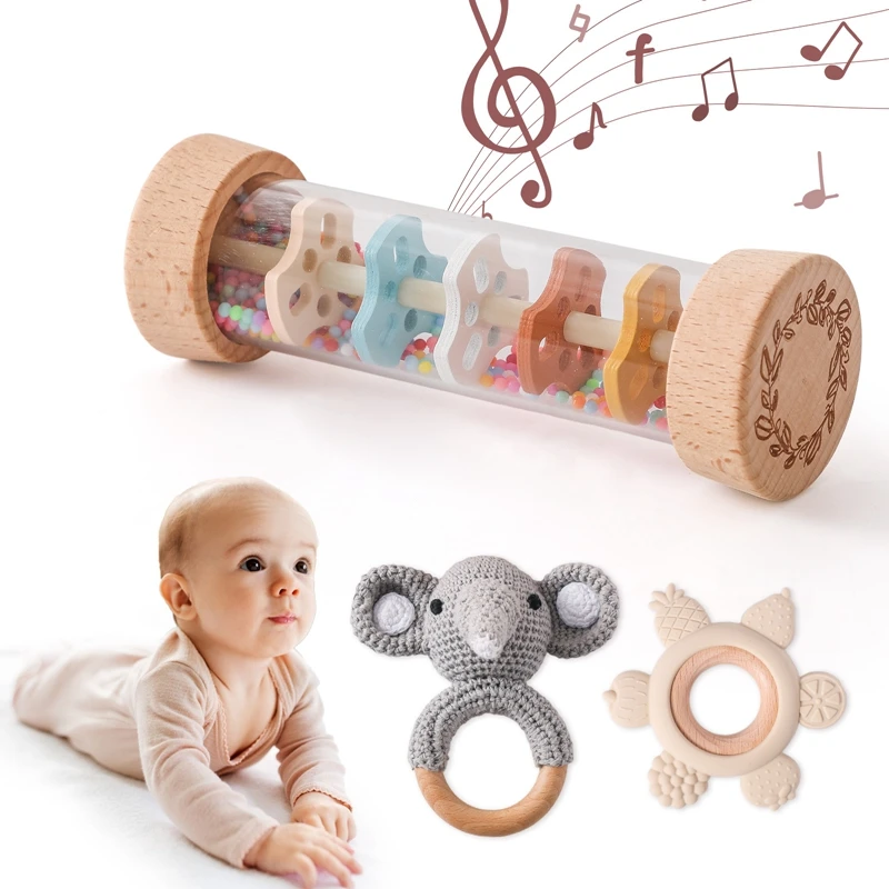 3pc Montessori Baby Rain Stick Rainbow Hourglass Rain Music Rattle Crochet Rattle Baby Educational Toys Rain Sound Toys Teether