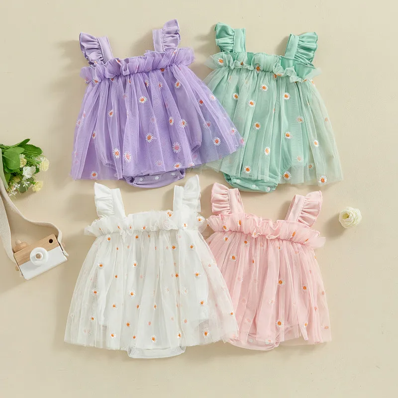 

Baby Girl Mesh Romper Dress Cute Daisy Embroidery Square Neck Fly Sleeve Frill Trim Jumpsuit Infant Toddler Girl Summer Clothes