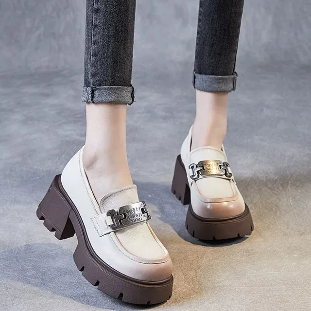 Casual Thick Bottom Leather Loafers British Style Metal Buckle Flat Shoes Couple's Footwear Summer Season round Toe High Heel