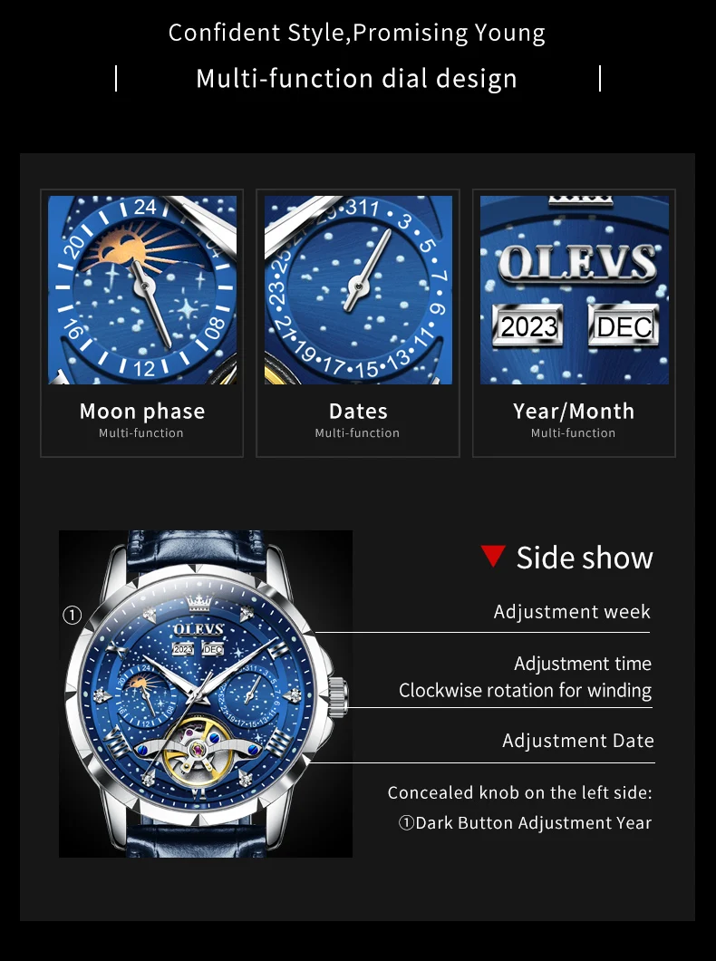 OLEVS-relojes clásicos multifunción para hombre, reloj de pulsera mecánico automático con calendario para hombre, volante hueco, fase lunar y fecha