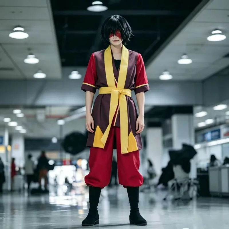 Zuko Cosplay Fire Nation Prince Costume Red Top Pants Vest Belt Suit Role Play Outfit for Men Halloween Party - view 3