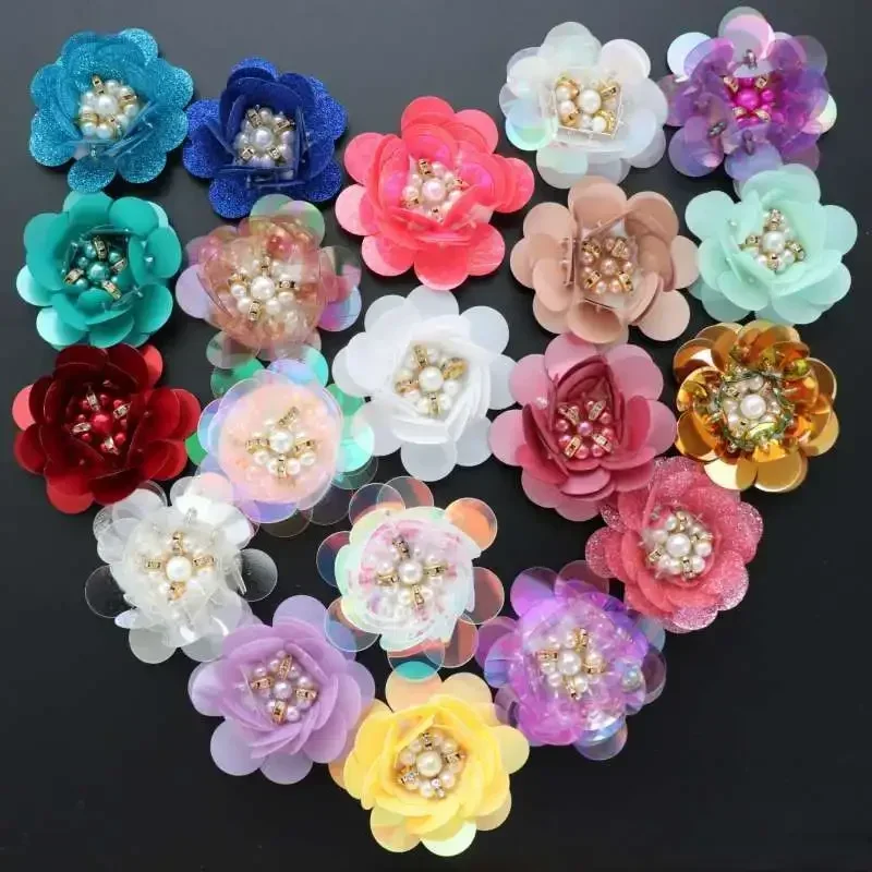 Flor frisada Patches de costura para vestuário, DIY lantejoulas strass, remendo de costura, apliques bordados, 10 pcs por lote