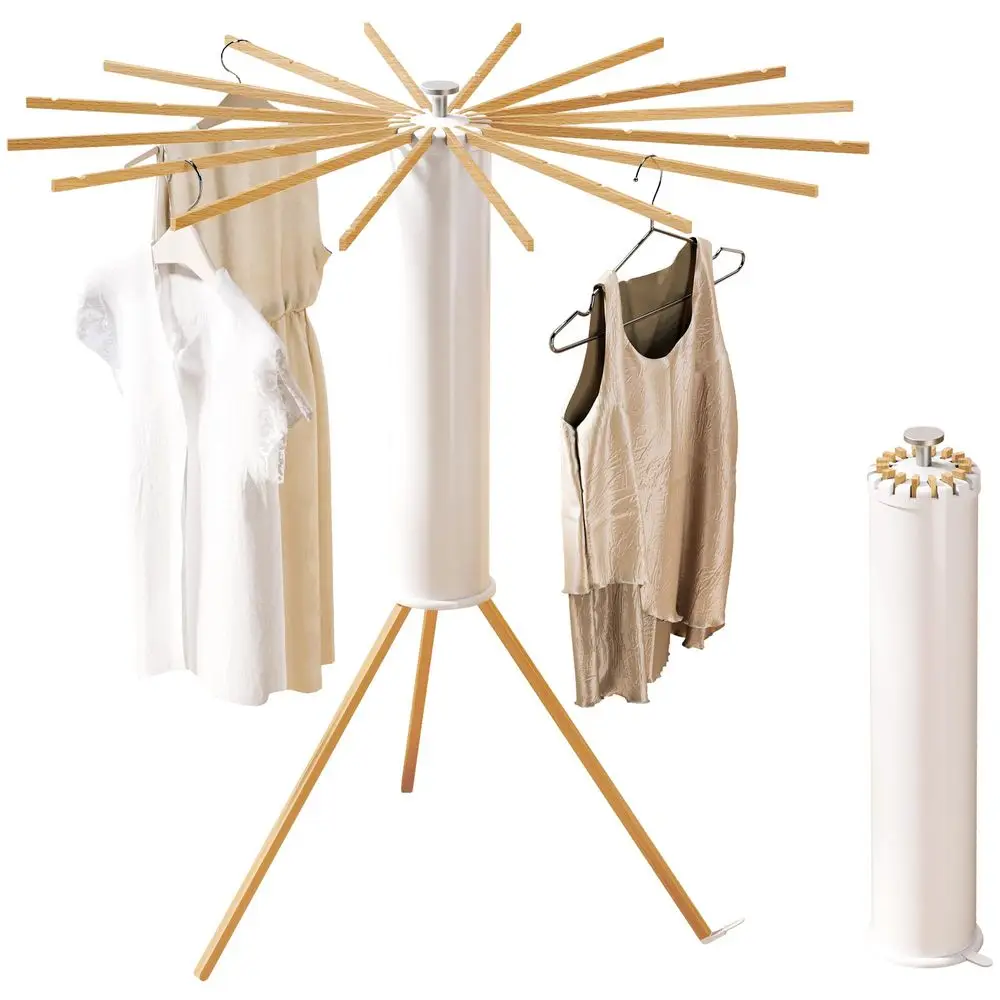 

Tripod Clothes Drying Rack,Beechwood amp Portable Laundry Stand, SpaceSaving Collapsible Hanger with 16 Arms for Indoor amp Outd