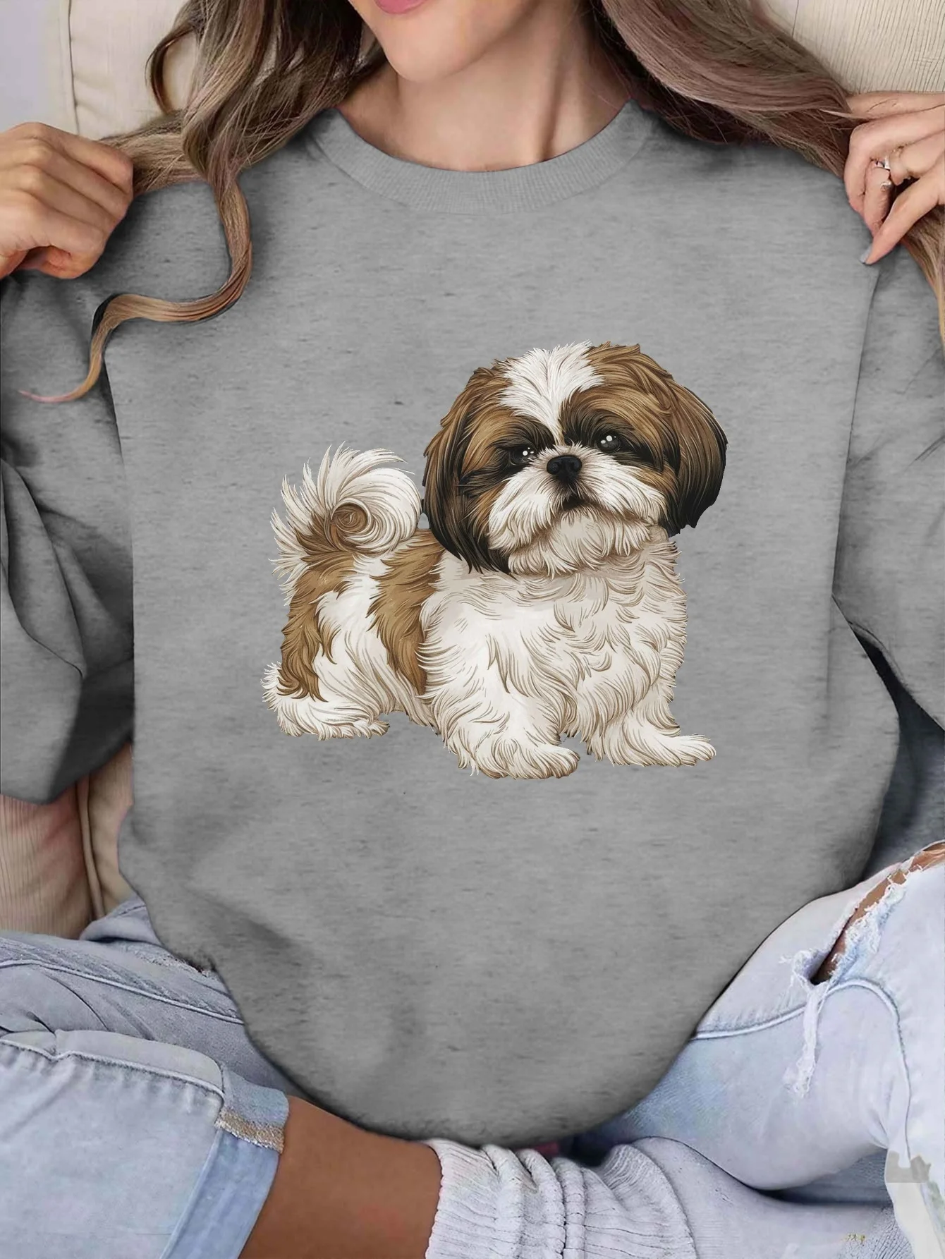 Sudadera con cuello redondo y patrón Shih Tzu para mujer, jersey informal no elástico, ajuste Regular, otoño e invierno, cómoda para perros