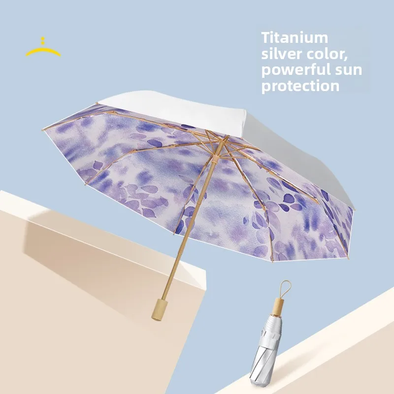 Fresh and elegant three-fold titanium silver glue sun umbrella for girls, UV protection