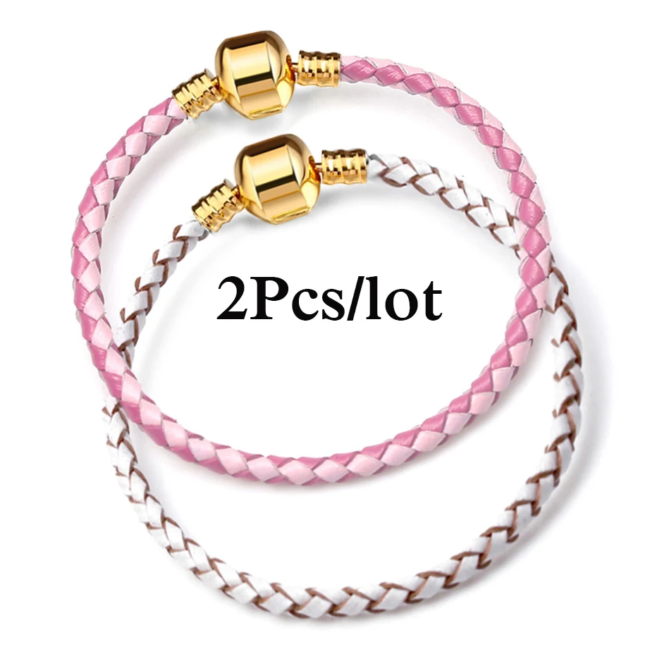 2Pcs/Lot Leather Chain Charms Bracelets Fit DIY Beads Mens Womens Bracelet Bangles Couples Pulsera Vintage Jewelry Bijoux Gifts