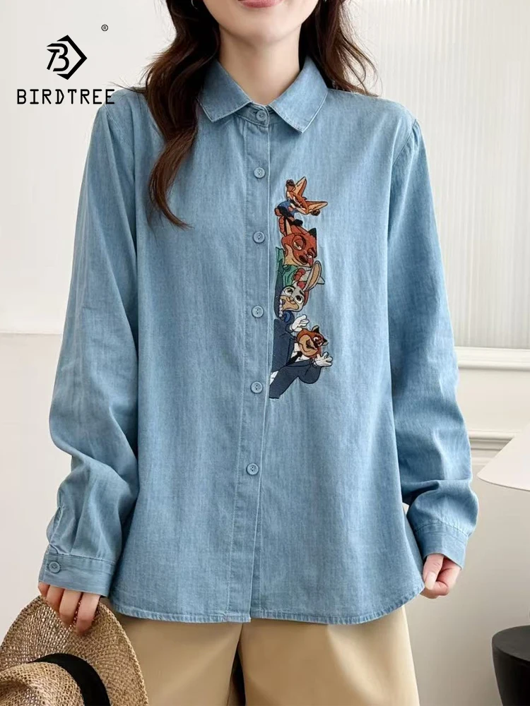 

Новинка 2025, осенняя джинсовая рубашка с длинными рукавами, женская отложная воротник с милой вышивкой, свободная блузка Mori Girl Design Sense T59753CC