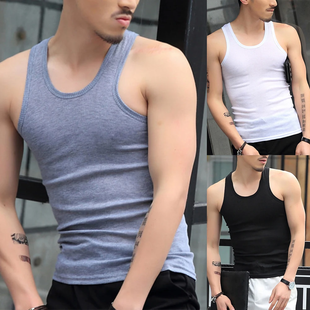 Men Elastic Breathable Sleeveless Tank Tops Undershirt Gym Workout Stringer Fitness T-Shirt Beater Undershirt Casual Men\'s Vest