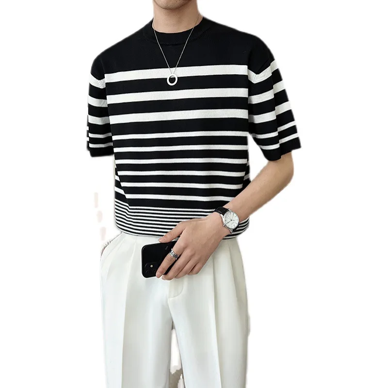 Quality Black and White Strip Splicing Short Sleeve Casual Men's 2024 Summer New Crew-neck Knitted T-shirt