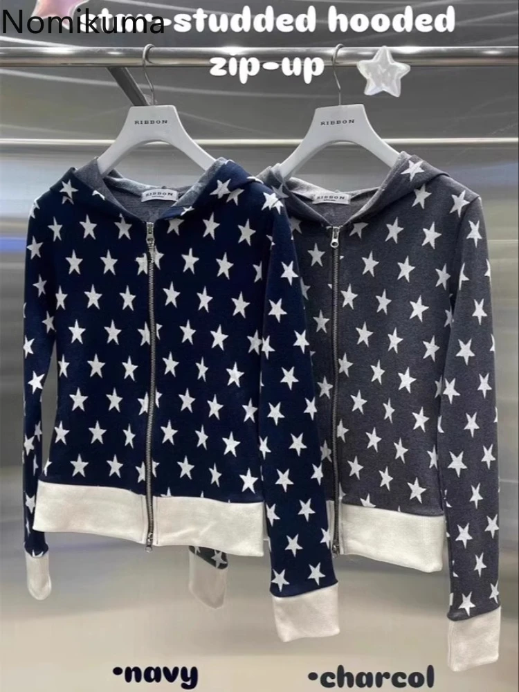 Streetwear Star Print Women Hoodies Jackets 2024 Ropa Mujer Hooded Tunic Zipper Sweatshirt Crop Y2k Tops Fashion Harajuku Hoodie