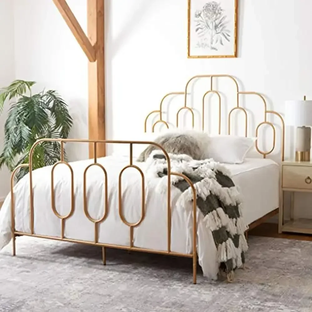 Metal Retro Gold Queen Bed Sturdy Constructed Curves Headboard Footboard 82.3