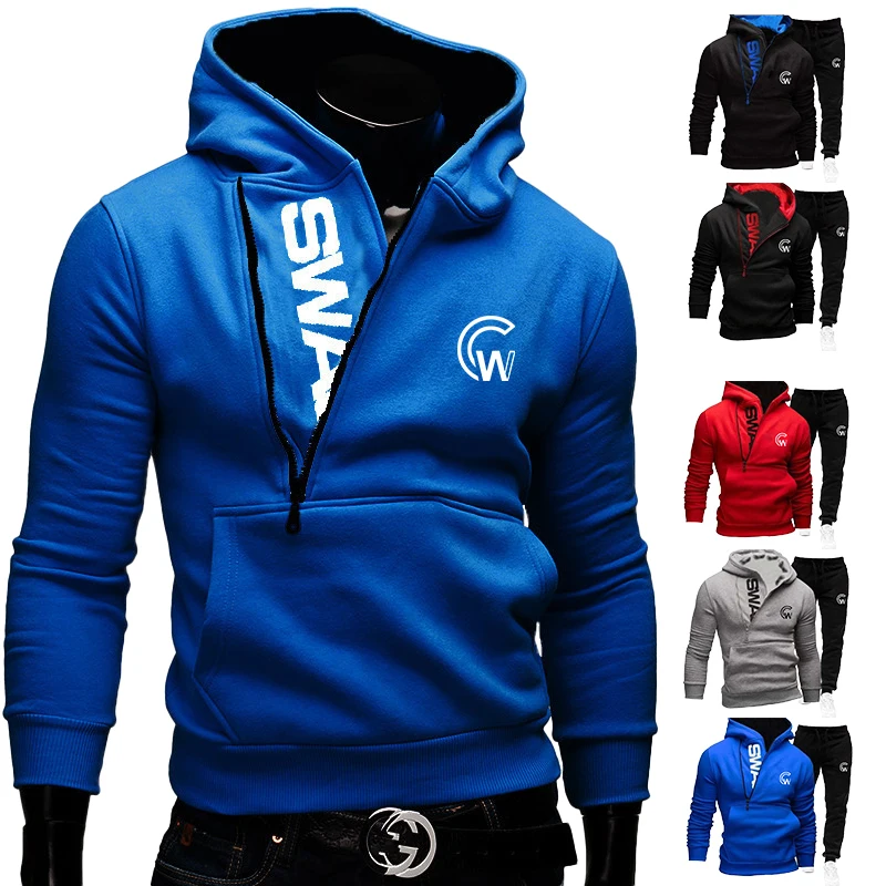 

Новый комплект с толстовкой с надписью, спортивные брюки с принтом, комплект из двух предметов, Мужская зимняя теплая толстовка с высоким воротником, спортивный костюм