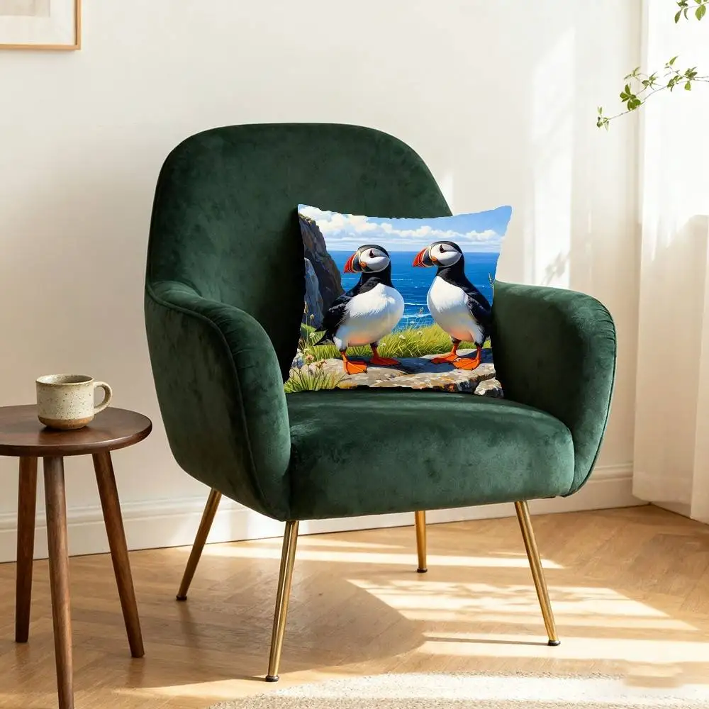Coastal Puffins Pillow Case Throw Pillow Cover Nordic Vintage Style Cushion Covers Home Living Room Sofa Couch Seat Decor