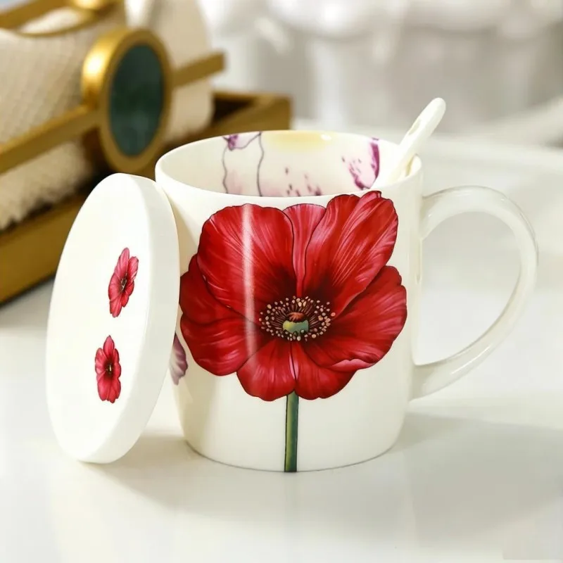 350ML, bone china mug with lid, bloomind design, cafe cup coffee, enamel mug for household gift, porcelain coffee mugs