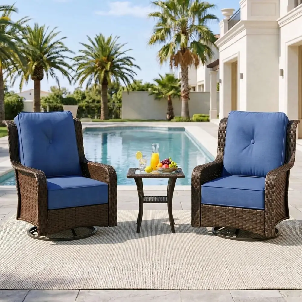 

3-Piece Patio Furniture Set with Side Table, Wicker Swivel Chairs, Blue High Back Rattan Deep Seating