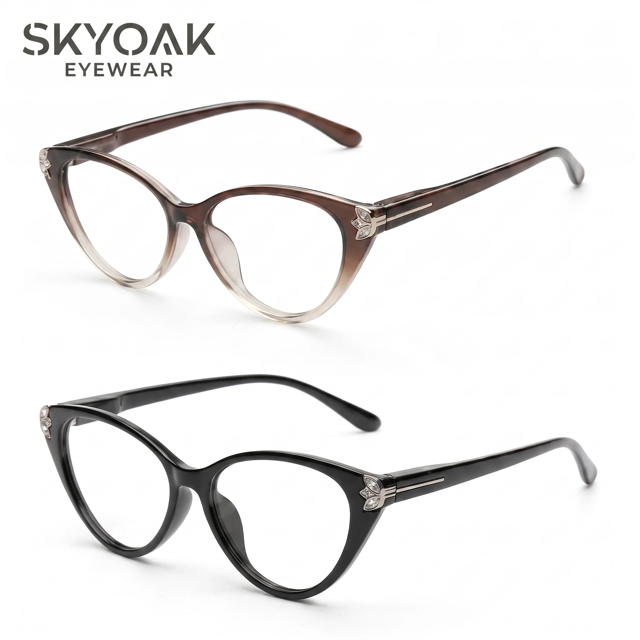 SKYOAK 2PCS Vintage Cat Eye Progressive Multifocal Reading Glasses Women, Diamond Blue Light Readers Spring Hinge