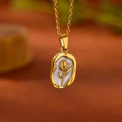 Shell Rose Flower Pendant Necklace For Women Gold Color Tulip Flower Stainless Steel Necklace Wedding Jewelry Birthday Gift