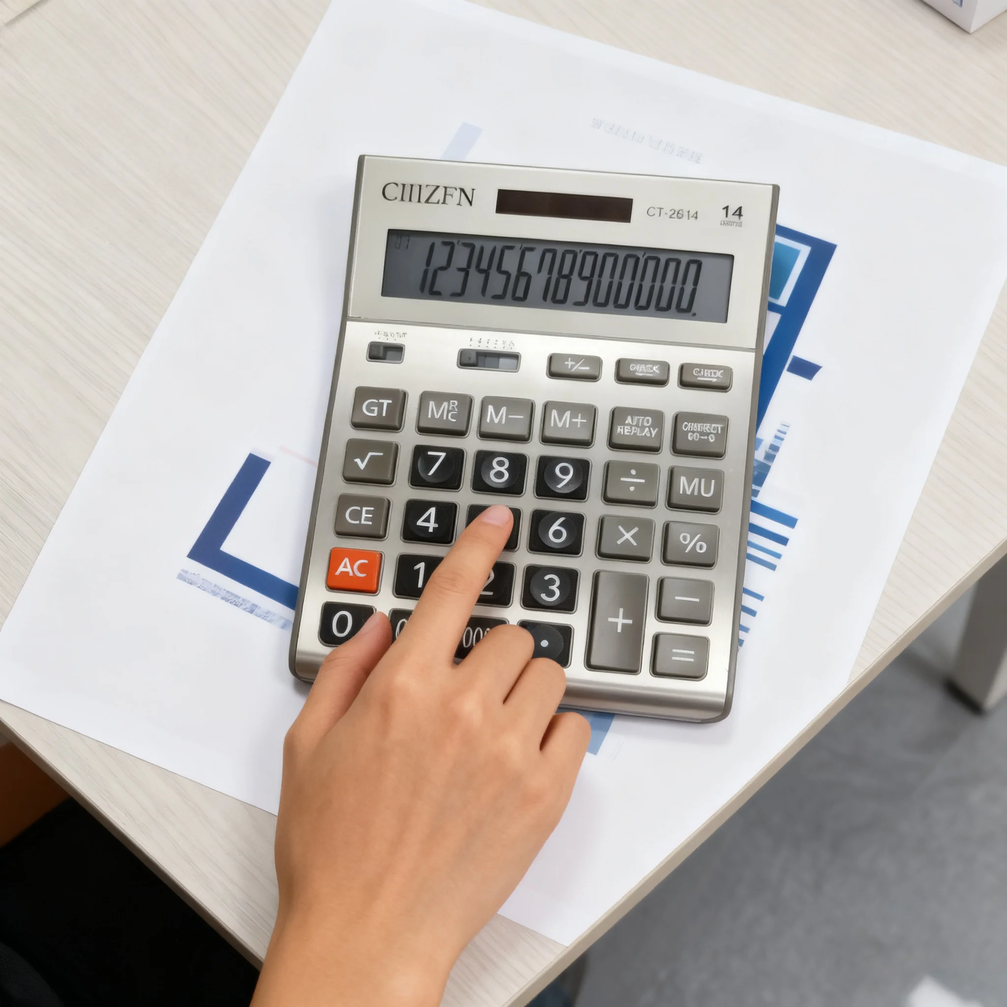 Desktop Calculator with a 14-Digit Large Display, Powered by Solar Cells, Featuring an Adjustable Stand at the Base