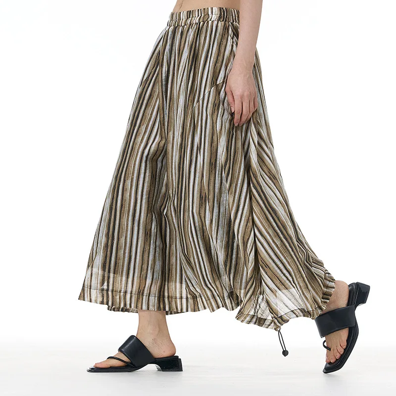 

Women’s High Waist Printed Skirt Loose Flowing Japanese Style Elegant Striped Skirt 2026 Spring New Casual Midi Dress