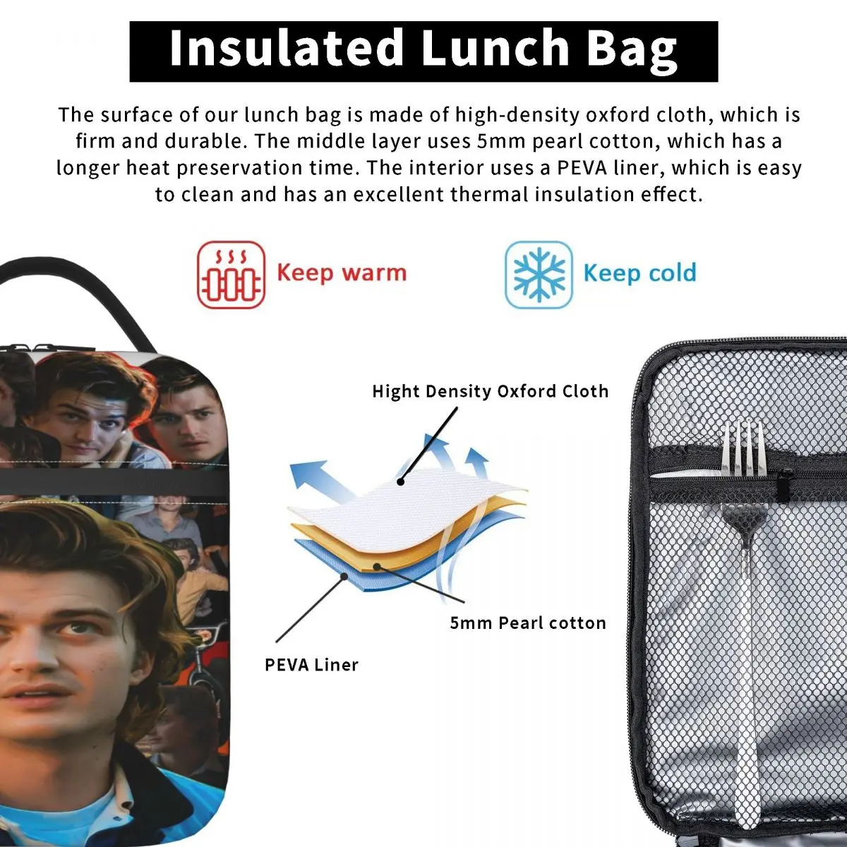 حقيبة غداء ستيف هارينجتون، صندوق غداء للسفر للفتيات، حقائب غداء حرارية مطبوعة كاجوال، مقاومة للماء، حقيبة تبريد مريحة #3