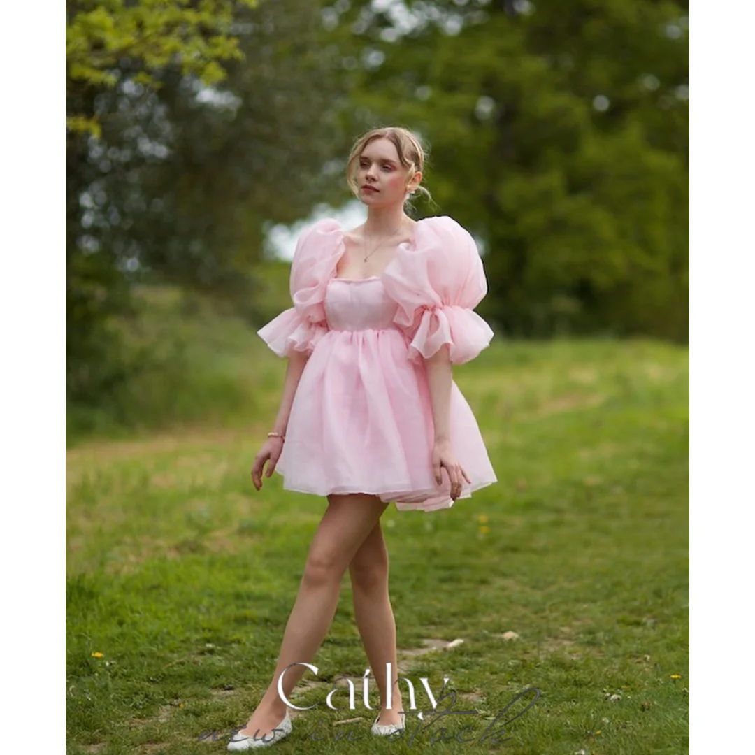 

Cathy Baby Pink Prom Dresses Heart Shaped Neck A-line فساتين السهرة Sweetheart Puffy Sleeves Tulle Princess Vestidos De Noche