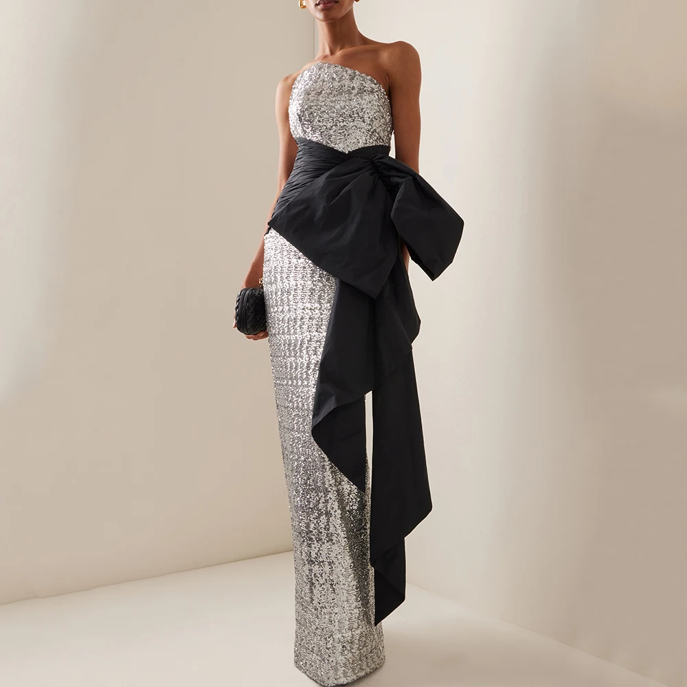 

Flechazo Customized Sequin Evening Dress Women Strapless Sleeveless with Pleat Floor Length Straight Back Slit Party Gowns