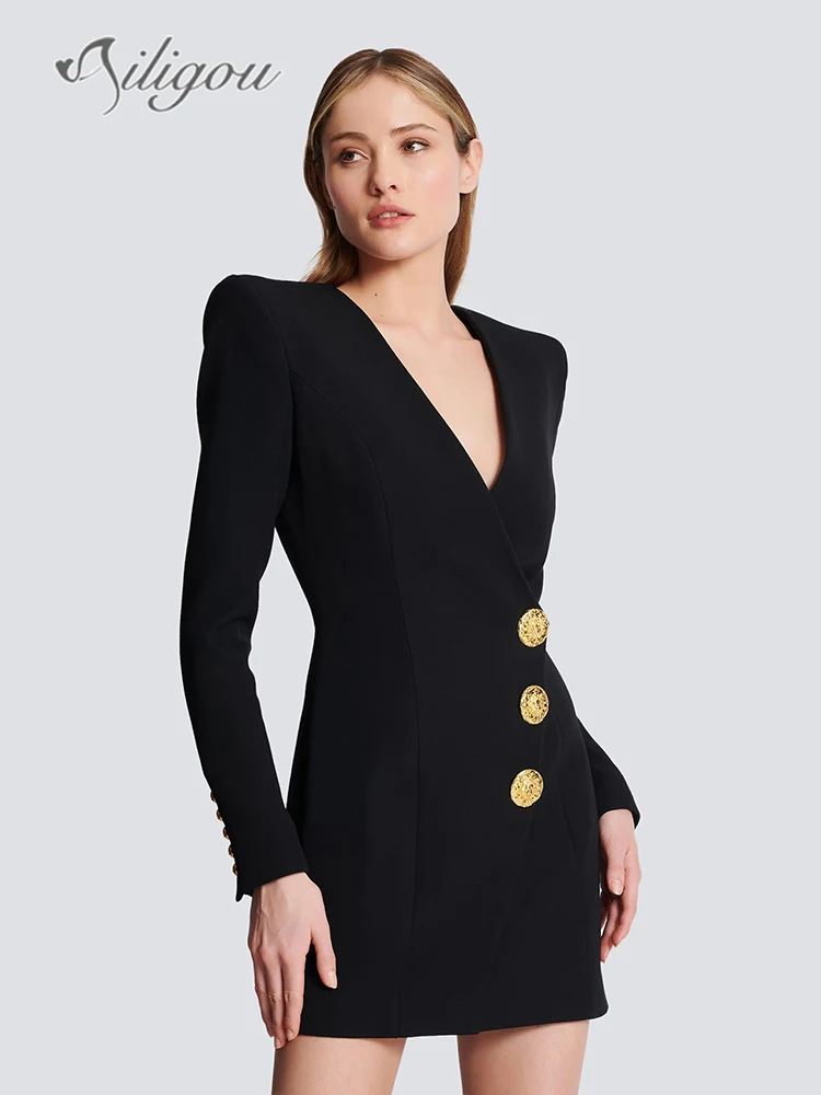 

Ailigou Autumn and Winter New Women's Black Sexy V-neck Long Sleeve Button Mini Dress Suit Coat Elegant Celebrity Party Dress