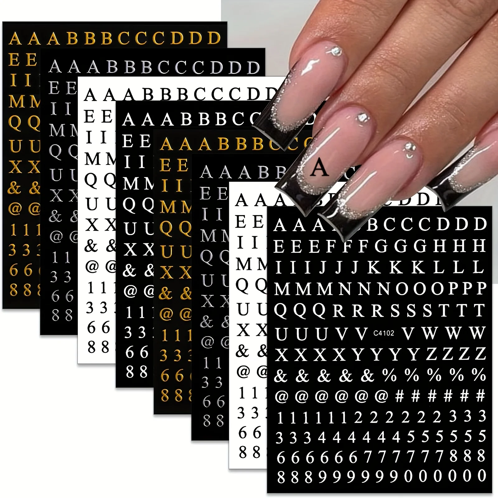 8 Sheets Letters Nail Art Stickers Number Nail Decals Self-Adhesive Luxury Gold Silver English Alphabet Nail Sticker Black White